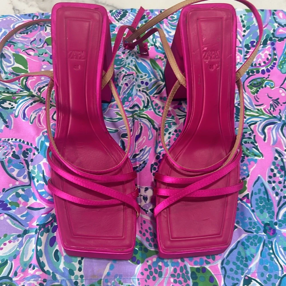 Zara Fuchsia‎ Strappy Heeled Platform Sandals Chunky Satin Pink Barbie. Size 38 - Picture 5 of 8